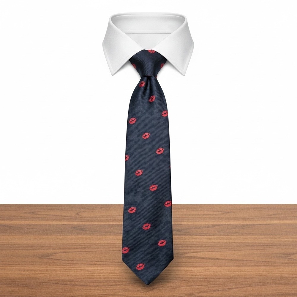Vintage Prince Consort Navy Blue Red Lips Print Silk Blend Necktie USA Made